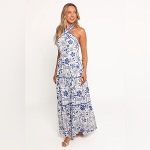 NEW Petal & Pup Fernanda Halterneck Maxi Dress in Blue Tropical Women's Size XS